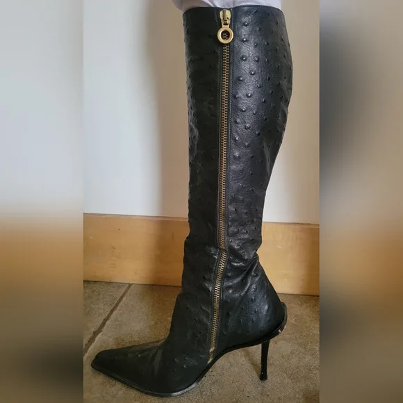 SALE💯Authentic Versace Black Ostrich Leather Stiletto Boot - Picture 2 of 5